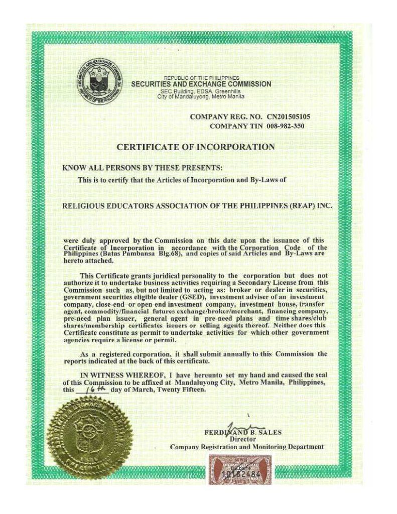 SEC Registration Religious Educators Association of the Philippines